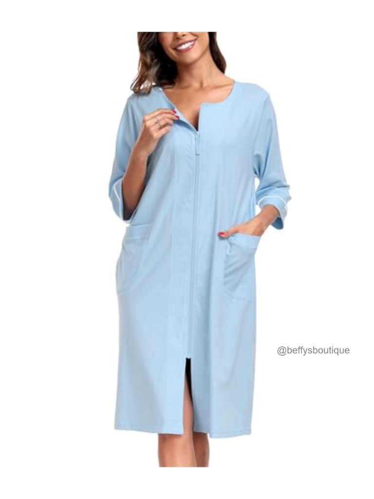 100% Cotton Zipper Robe 3/4 Sleeve Loungewear Knee Length With Pockets